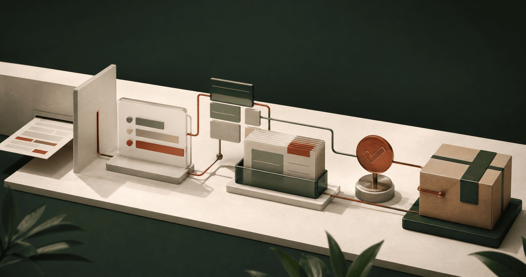 Tactile model of an order moving through connected systems, an approval checkpoint, and a completed delivery.