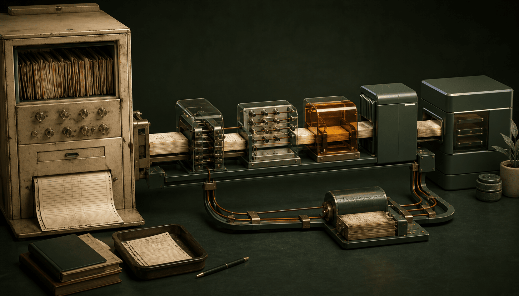 Tactile model of a legacy data system moving through mapping, validation, review, a modern application, and a rollback path.